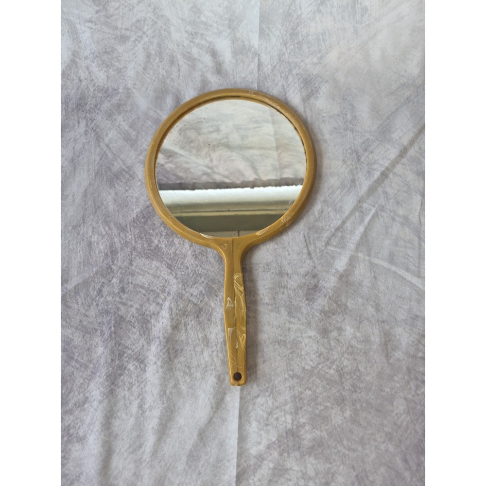 Vintage Large Hand Held Vanity Mirror with Floral Design 1950s Gold Tan - Picture 11 of 13
